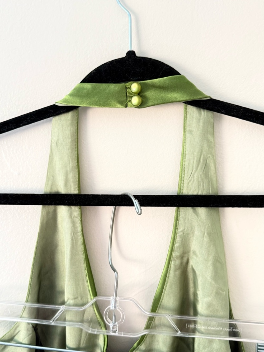 Vintage 90s Satin Slip Green Prom Dress Halter Rouched Maxi Gown Size 13/14 - Picture 8 of 17